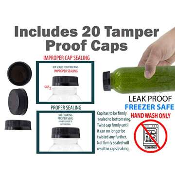 Empty PET Plastic Juice Bottles - Pack of 20 Round Reusable Clear Disposable Milk Bulk Containers with Funnel and Brush and Tamper Evident Caps (Black, 8 oz)