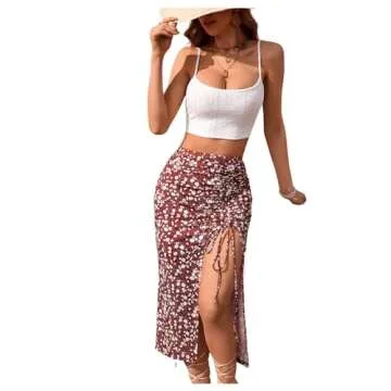 SOLY HUX Women's Summer Two Piece Outfits Cami Tops and Floral Print Drawstring Split Skirt Set Red Floral Small