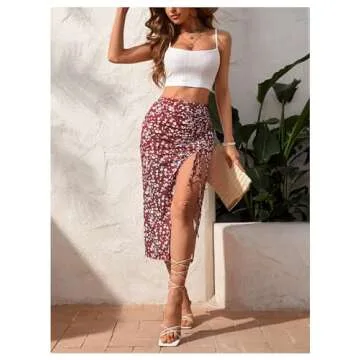 SOLY HUX Women's Summer Two Piece Outfits Cami Tops and Floral Print Drawstring Split Skirt Set Red Floral Small