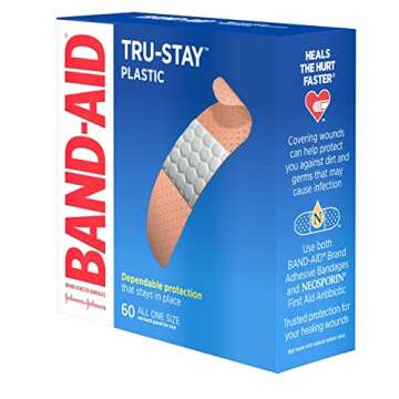 Band-Aid Brand Tru-Stay Plastic Strips Adhesive Bandages for First Aid & Wound Protection, Sterile Individually Wrapped Wound Care Bandages for Minor Cuts & Scrapes, All One Size, 60 ct
