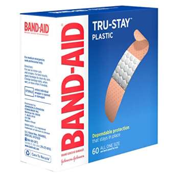 Band-Aid Brand Tru-Stay Plastic Strips Adhesive Bandages for First Aid & Wound Protection, Sterile Individually Wrapped Wound Care Bandages for Minor Cuts & Scrapes, All One Size, 60 ct