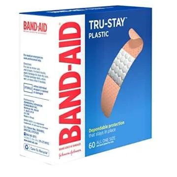 Band-Aid Brand Tru-Stay Plastic Strips Adhesive Bandages for First Aid & Wound Protection, Sterile Individually Wrapped Wound Care Bandages for Minor Cuts & Scrapes, All One Size, 60 ct