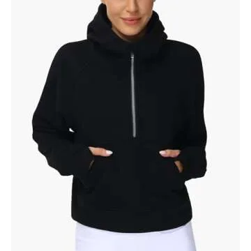THE GYM PEOPLE Women’s Hoodies Half Zip Long Sleeve Fleece Crop Pullover Sweatshirts with Pockets Thumb Hole Black