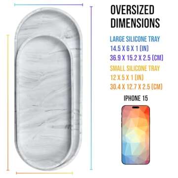 TEO Silicone Tray Set - 2 PC (14.5" & 12") Large Shatterproof White Marble Design Vanity Trays for B...