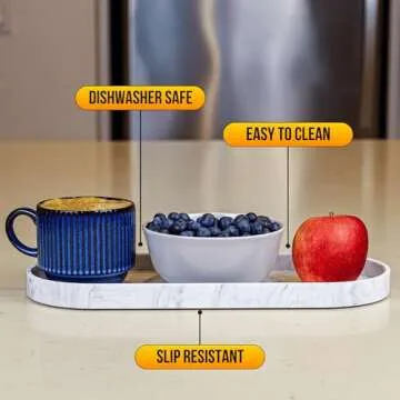 TEO Silicone Tray Set - 2 PC (14.5" & 12") Large Shatterproof White Marble Design Vanity Trays for Bathroom, Kitchen, Counter, Toilet, Bedroom, Soap Dispenser, Bathroom Sink Decor Organizer