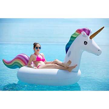 Jasonwell Giant Inflatable Unicorn Pool Float Floatie Ride On with Fast Valves Large Rideable Blow Up Summer Beach Swimming Pool Party Lounge Raft Decorations Toys Kids Adults