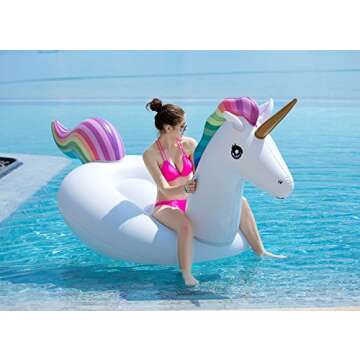 Jasonwell Giant Inflatable Unicorn Pool Float Floatie Ride On with Fast Valves Large Rideable Blow Up Summer Beach Swimming Pool Party Lounge Raft Decorations Toys Kids Adults
