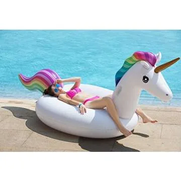 Jasonwell Giant Inflatable Unicorn Pool Float Floatie Ride On with Fast Valves Large Rideable Blow Up Summer Beach Swimming Pool Party Lounge Raft Decorations Toys Kids Adults