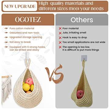 Hanging Fruit Baskets for Kitchen - 3 Pack Boho Wall Hanging Basket with 6 Pcs Strong Hooks, Handwov...