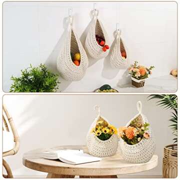 Hanging Fruit Baskets for Kitchen - 3 Pack Boho Wall Hanging Basket with 6 Pcs Strong Hooks, Handwoven Onion Storage Teardrop Home Onion Basket for Fruits Vegetable Potato Kitchen Storage (White)