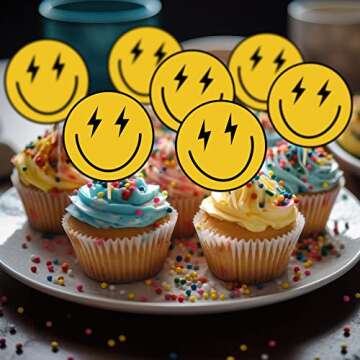 Seajan 48 Pcs One Happy Dude Birthday Cupcake Toppers Smile Face 1st Cake Topper Hippie First Birthd...