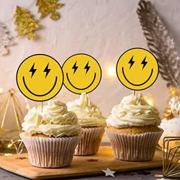 Seajan 48 Pcs One Happy Dude Birthday Cupcake Toppers Smile Face 1st Cake Topper Hippie First Birthday Decoration Mini Cake Picks for Anniversary Shower Party Favors Supplies