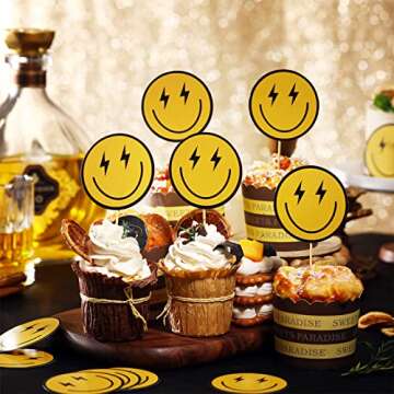 Seajan 48 Pcs One Happy Dude Birthday Cupcake Toppers Smile Face 1st Cake Topper Hippie First Birthday Decoration Mini Cake Picks for Anniversary Shower Party Favors Supplies