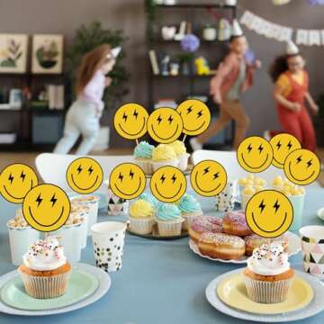 Seajan 48 Pcs One Happy Dude Birthday Cupcake Toppers Smile Face 1st Cake Topper Hippie First Birthday Decoration Mini Cake Picks for Anniversary Shower Party Favors Supplies