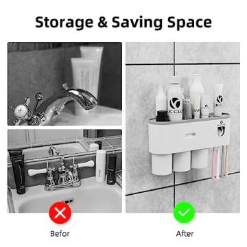 ROCK CLOUD Toothbrush Holder Wall Mounted Automatic Toothpaste Dispenser Squeezer Kit Saving Space, 4 Toothbrush Slots,2 Cups and Drawers for Bathroom