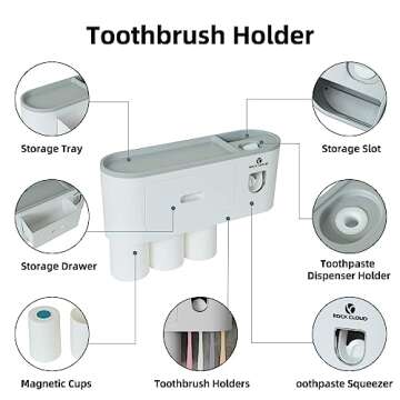 ROCK CLOUD Toothbrush Holder Wall Mounted Automatic Toothpaste Dispenser Squeezer Kit Saving Space, 4 Toothbrush Slots,2 Cups and Drawers for Bathroom