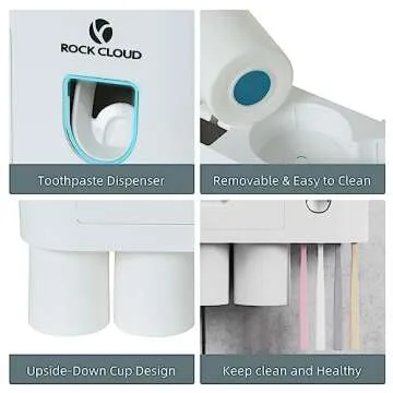 ROCK CLOUD Toothbrush Holder Wall Mounted Automatic Toothpaste Dispenser Squeezer Kit Saving Space, 4 Toothbrush Slots,2 Cups and Drawers for Bathroom