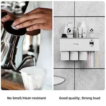 ROCK CLOUD Toothbrush Holder Wall Mounted Automatic Toothpaste Dispenser Squeezer Kit Saving Space, 4 Toothbrush Slots,2 Cups and Drawers for Bathroom