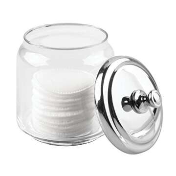 iDesign York Bathroom Vanity Glass Apothecary Jar for Cotton Balls, Swabs, Cosmetic Pads - Clear/Polished Lid,Small