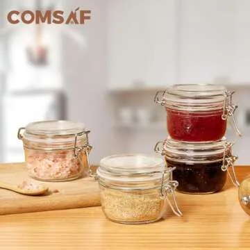 ComSaf 4oz Small Airtight Glass Jars Set of 6 with Lids Food Storage Jar Round, Mason Jar, Mini Storage Container with Clear Preserving Seal Wire Clip Fastening for Kitchen Canning, Jam, Spice, Honey