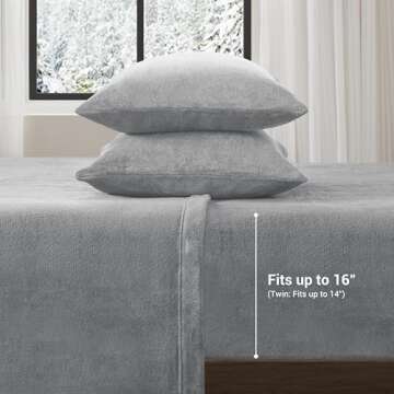 Sleep Philosophy True North Soloft Plush Bed Sheet Set, Wrinkle Resistant, Warm, Soft Fleece Sheets with 14" Deep Pocket Cold Season Cozy Bedding-Set, Matching Pillow Case, Queen, Grey, 4 Piece