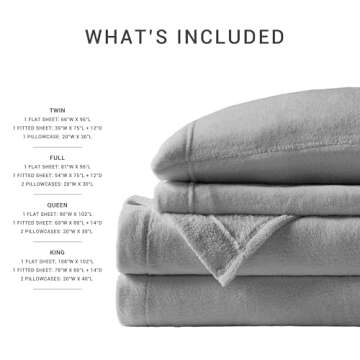 Sleep Philosophy True North Soloft Plush Bed Sheet Set, Wrinkle Resistant, Warm, Soft Fleece Sheets with 14" Deep Pocket Cold Season Cozy Bedding-Set, Matching Pillow Case, Queen, Grey, 4 Piece