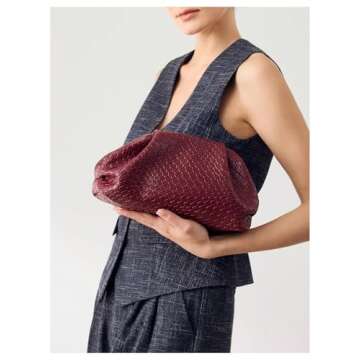 QWINEE Women's Woven Evening Bag Dumpling Clutch Purse No Strap Handbags Elegant Faux PU Leather Clu...
