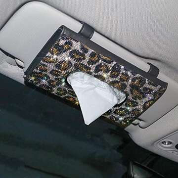 Bling Car Tissue Holder Crystal Sparkling Leopard Sun Visor Tissue Holder Napkin Holder Hanging PU Leather Auto Tissue Box Vehicle Purse Case Car Accessories for Women Girls Ladies