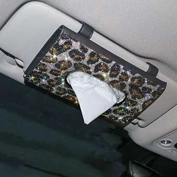 Bling Car Tissue Holder Crystal Sparkling Leopard Sun Visor Tissue Holder Napkin Holder Hanging PU Leather Auto Tissue Box Vehicle Purse Case Car Accessories for Women Girls Ladies