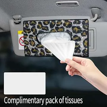 Bling Car Tissue Holder Crystal Sparkling Leopard Sun Visor Tissue Holder Napkin Holder Hanging PU Leather Auto Tissue Box Vehicle Purse Case Car Accessories for Women Girls Ladies
