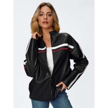 Trendy Queen Womens Faux Leather Jackets Bomber Oversized Motorcycle Fall Collar Zip Up Coats Y2k Outfits Black M