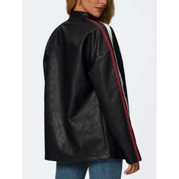 Trendy Queen Womens Faux Leather Jackets Bomber Oversized Motorcycle Fall Collar Zip Up Coats Y2k Outfits Black M