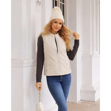 Fuinloth Women's Quilted Vest, Stand Collar Lightweight Zip Padded Gilet