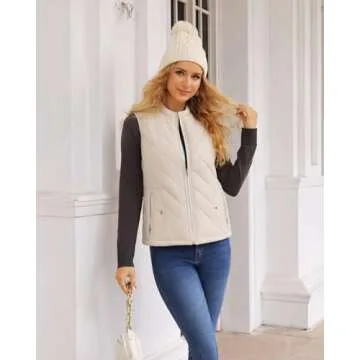 Fuinloth Women's Quilted Vest, Stand Collar Lightweight Zip Padded Gilet
