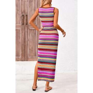 PRETTYGARDEN Womens Summer Sleeveless Tank Dress Crew Neck Striped Side Slit Bodycon Casual Maxi Dresses (Brown Red,Small)