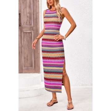 PRETTYGARDEN Womens Summer Sleeveless Tank Dress Crew Neck Striped Side Slit Bodycon Casual Maxi Dresses (Brown Red,Small)