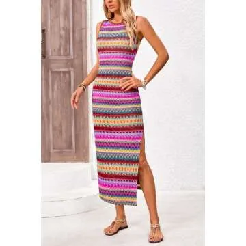 PRETTYGARDEN Womens Summer Sleeveless Tank Dress Crew Neck Striped Side Slit Bodycon Casual Maxi Dresses (Brown Red,Small)