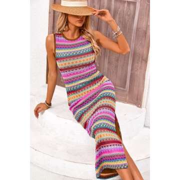 PRETTYGARDEN Womens Summer Sleeveless Tank Dress Crew Neck Striped Side Slit Bodycon Casual Maxi Dresses (Brown Red,Small)