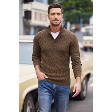 COOFANDY Men Mock Neck Sweater Casual Fit Long Sleeve Fashion Business Fall Winter Pullover Brown