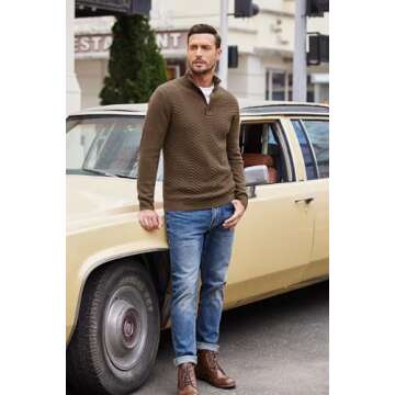 COOFANDY Men Mock Neck Sweater Casual Fit Long Sleeve Fashion Business Fall Winter Pullover Brown