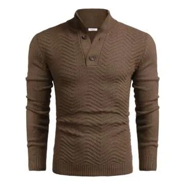 COOFANDY Men Mock Neck Sweater Casual Fit Long Sleeve Fashion Business Fall Winter Pullover Brown
