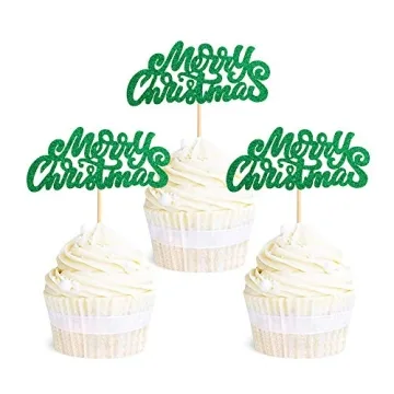 Ercadio 36 Pack Green Merry Christmas Cupcake Toppers Glitter Xmas Holiday Cake Decorations Supplies