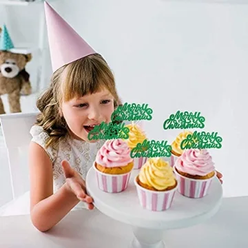 Ercadio 36 Pack Green Merry Christmas Cupcake Toppers