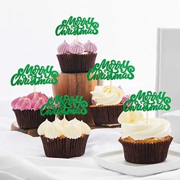 Ercadio 36 Pack Green Merry Christmas Cupcake Toppers