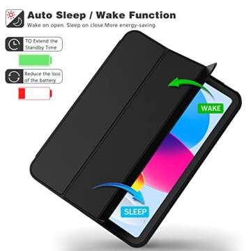 iMieet New iPad 10th Generation Case 2022 10.9 Inch with Pencil Holder, Trifold Stand Smart Case with Soft TPU Back,Auto Wake/Sleep(Black)