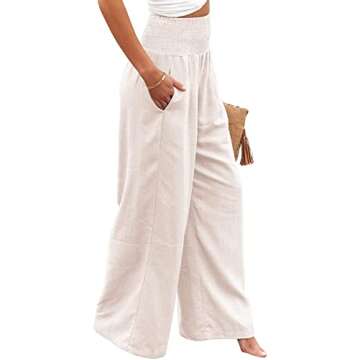 Ru Sweet Women High Waisted Cotton Linen Palazzo Pants Wide Leg Long Lounge Pant Trousers with Pocket A White