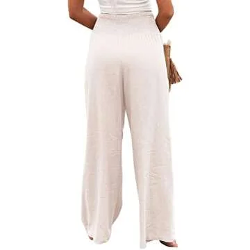 Ru Sweet Women High Waisted Cotton Linen Palazzo Pants Wide Leg Long Lounge Pant Trousers with Pocket A White