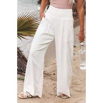 Ru Sweet Women High Waisted Cotton Linen Palazzo Pants Wide Leg Long Lounge Pant Trousers with Pocket A White