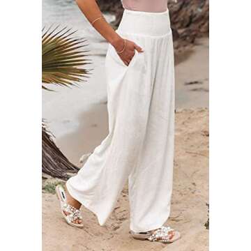 Ru Sweet Women High Waisted Cotton Linen Palazzo Pants Wide Leg Long Lounge Pant Trousers with Pocket A White