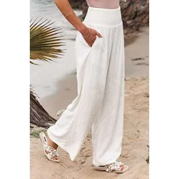 Ru Sweet Women High Waisted Cotton Linen Palazzo Pants Wide Leg Long Lounge Pant Trousers with Pocket A White